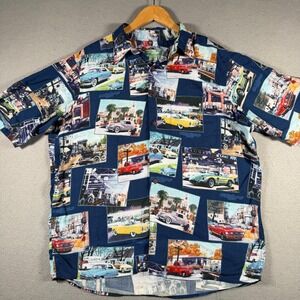 Reyn Spooner Mens Classic Car Hawaiian Shirt Navy Rayon Short Sleeve Large